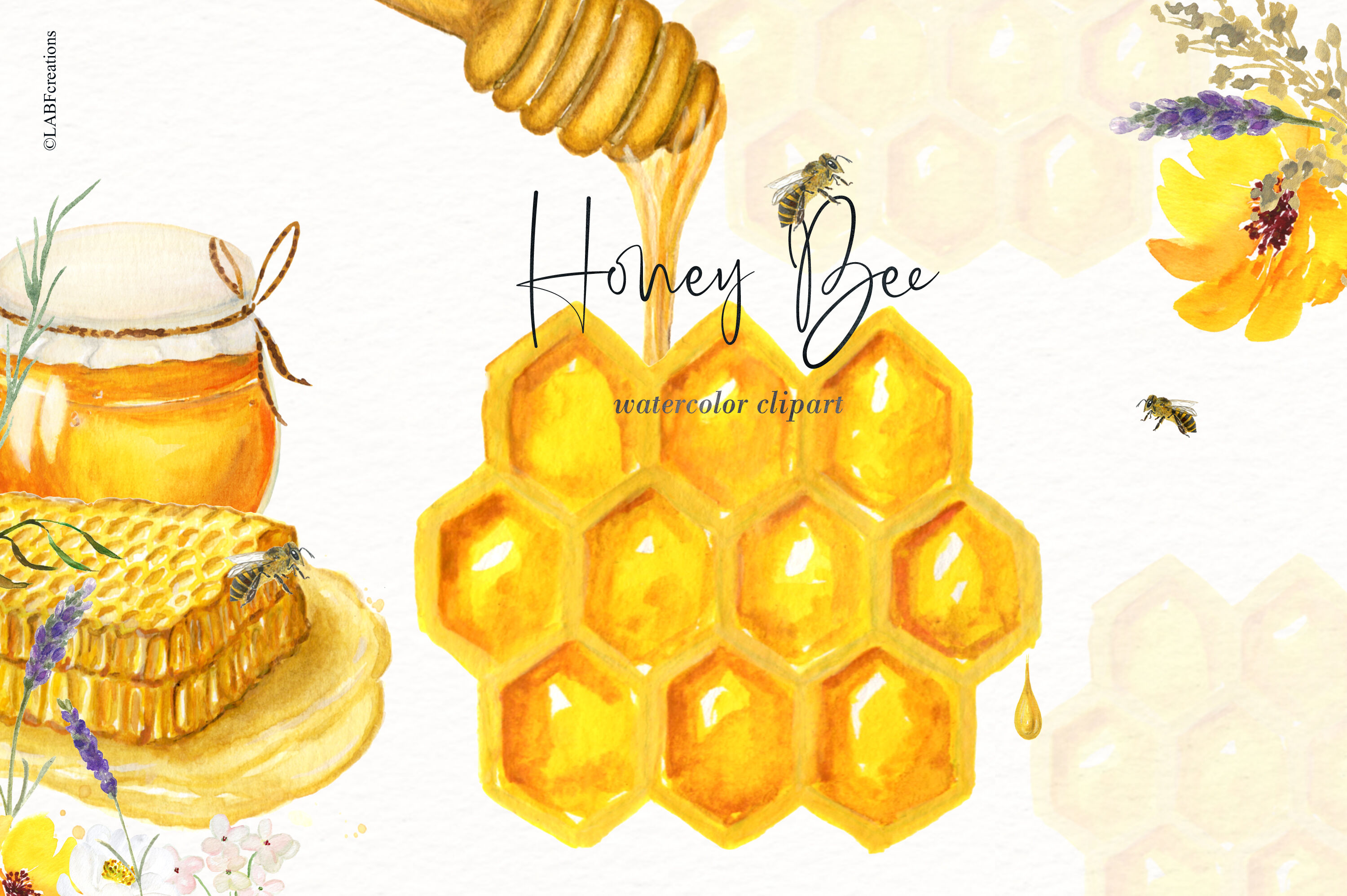 Download Watercolor Honey Bee Clipart. Honey combs and hives. By ...