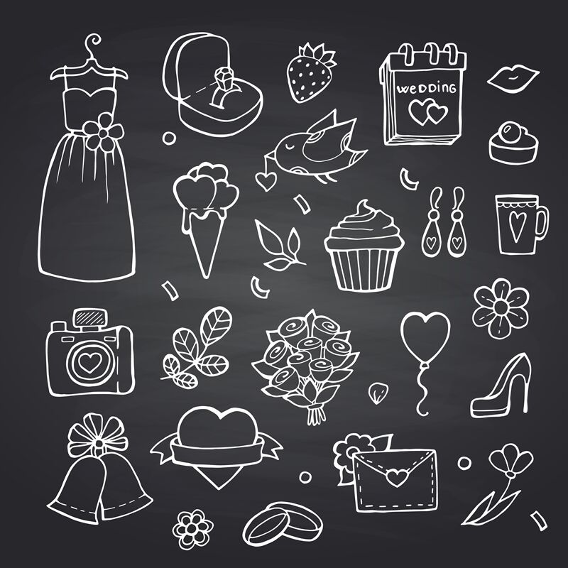 Vector Doodle Wedding Elements Set On Black Chalkboard Background Illu By Onyx Thehungryjpeg Com