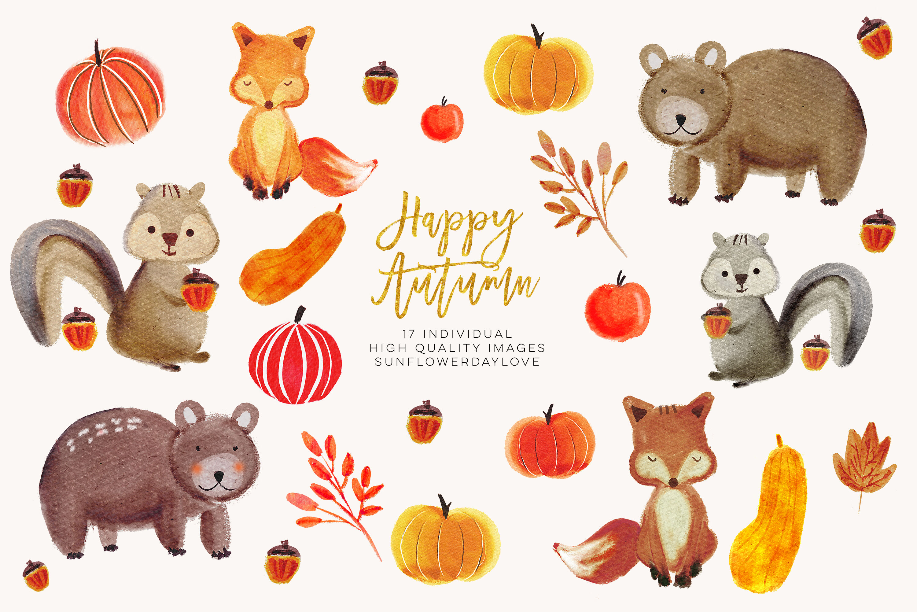 Watercolor forest animals clipart, autumn animal clip art By Sunflower Day  Love | TheHungryJPEG