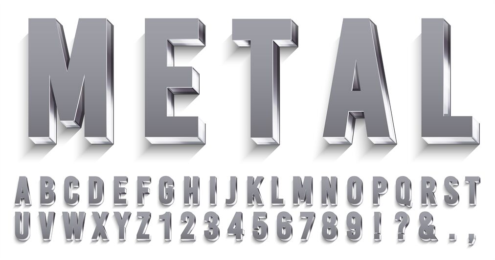 Realistic metal font. Shiny metallic letters with shadows, chrome