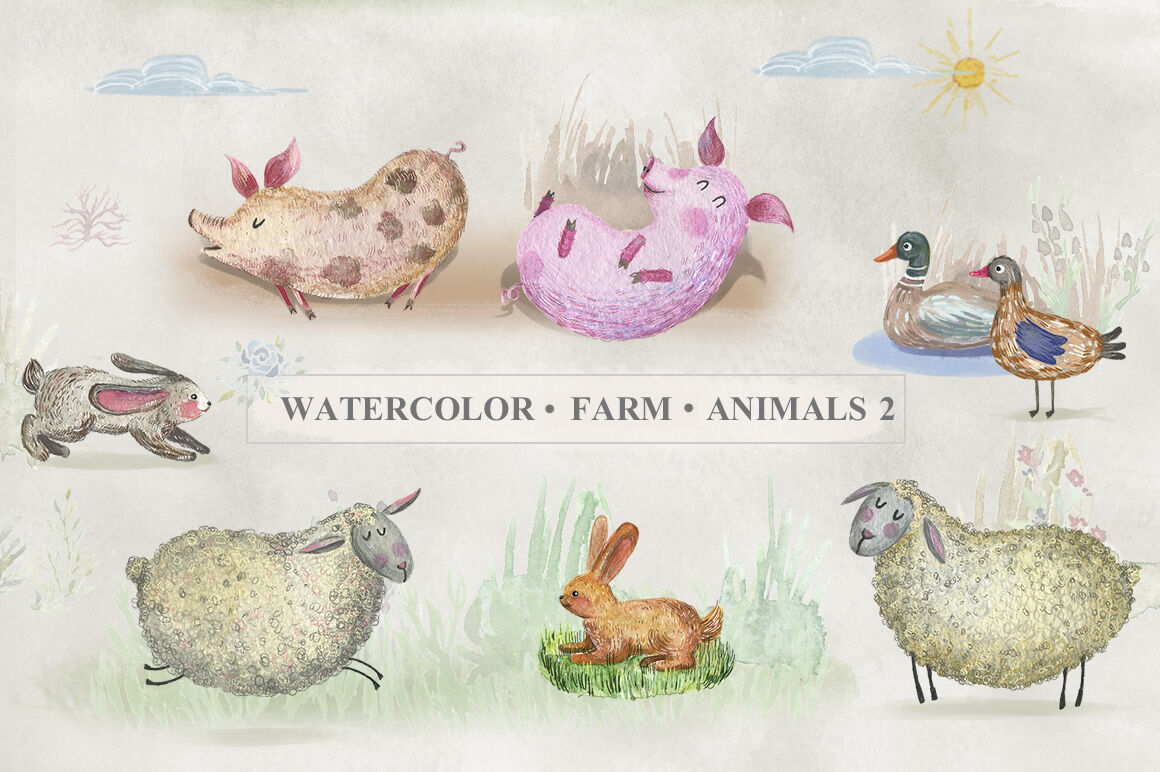 Watercolor Farm Animals (Part2) By NassyArt | TheHungryJPEG.com