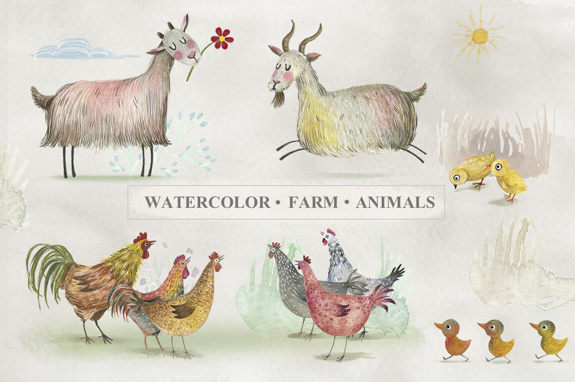 Watercolor Farm Animals (Part1) By NassyArt | TheHungryJPEG.com