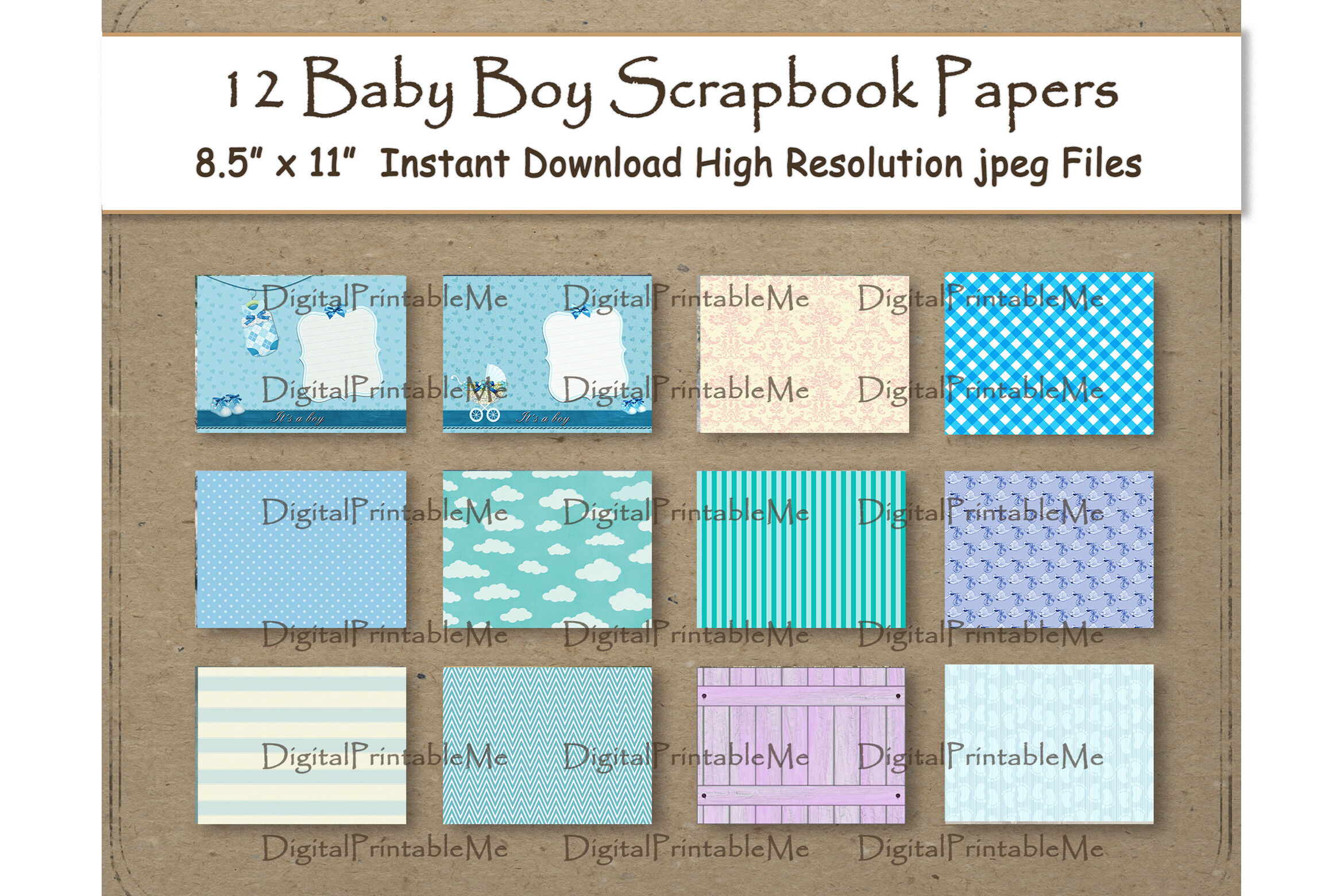 Baby Boy Digital Paper 8,5 x 11 scrapbook paper blue Texture 12 prin By  DigitalPrintableMe