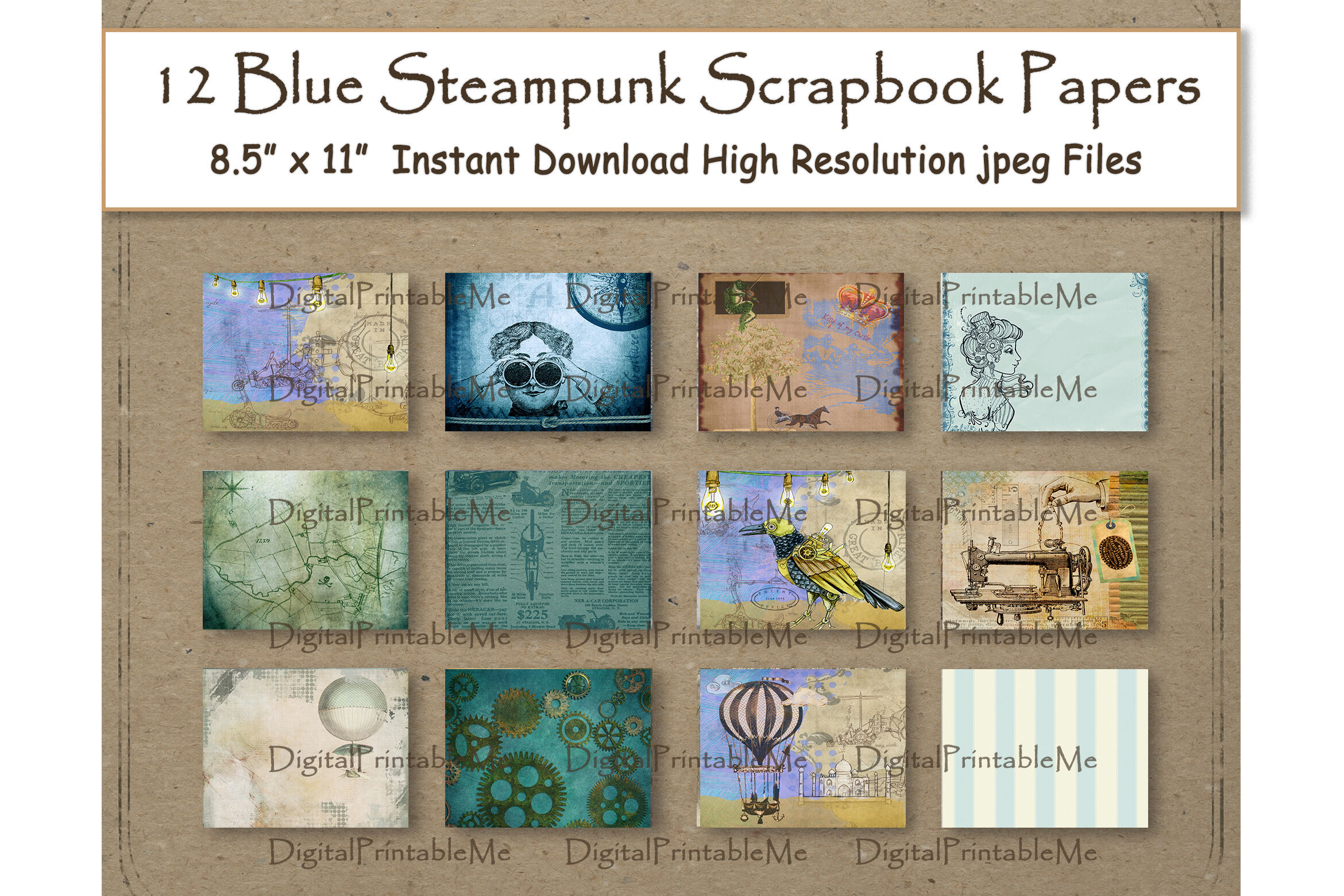 Steampunk Digital Paper 11 x 8.5 Blue antique scrapbook paper pages By  DigitalPrintableMe