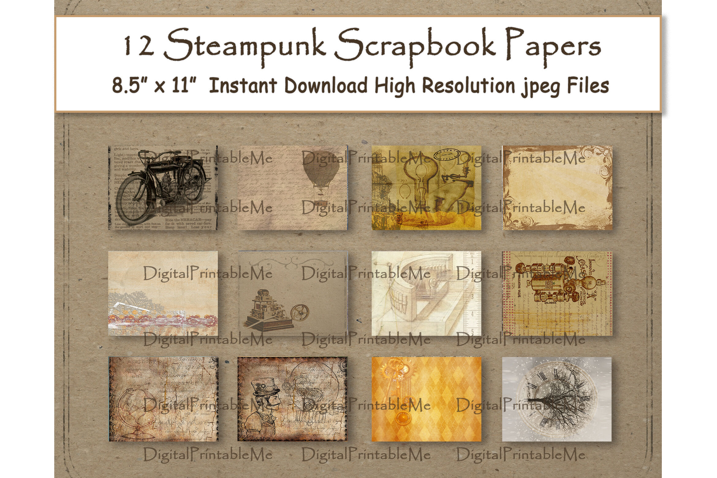 Steampunk Digital Paper 11 x 8.5 antique scrapbook paper pages 12 pr By  DigitalPrintableMe
