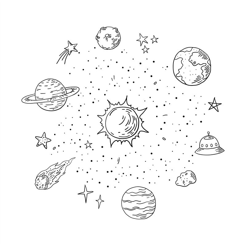 Doodle solar system. Trendy handdrawn space, planet meteor comet astro