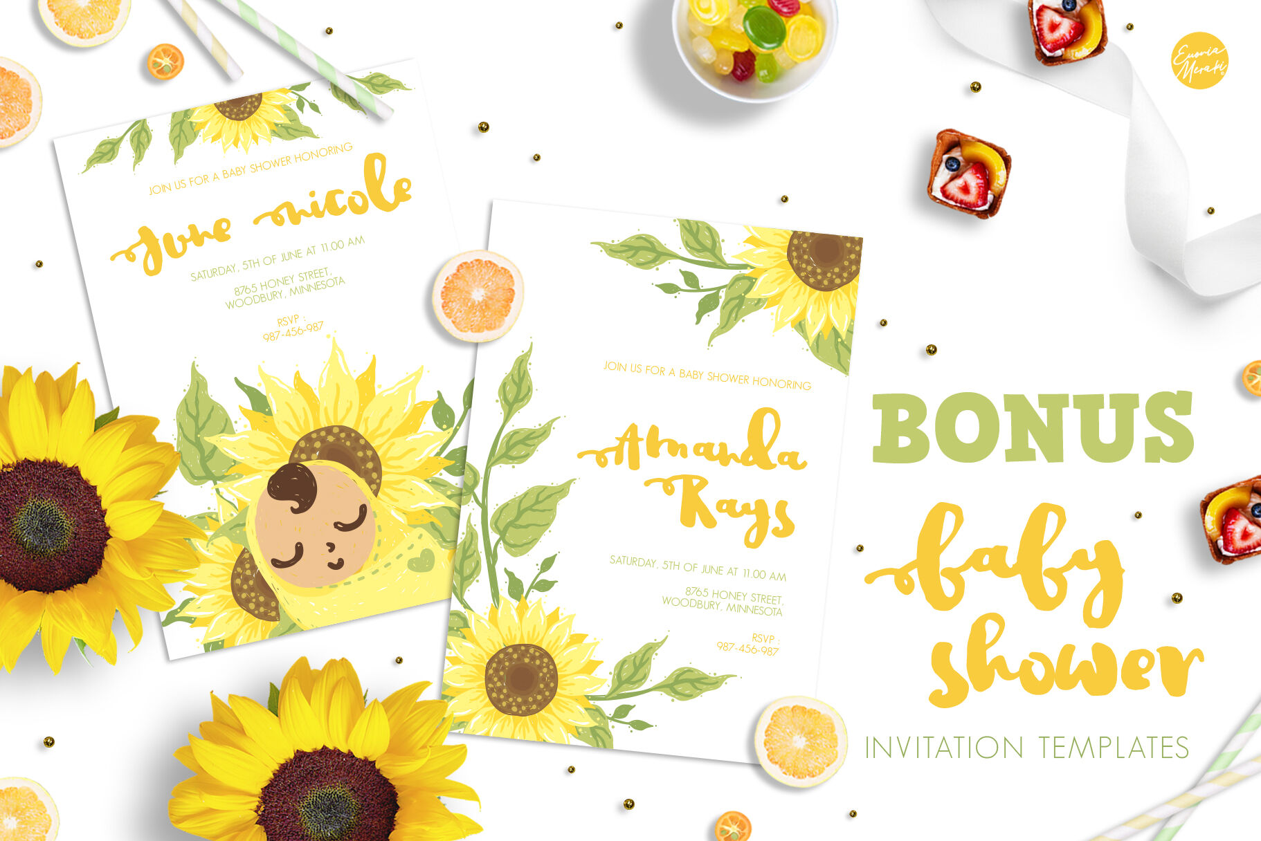 Sunflower Baby Shower Cute Clipart Invitation Templates By Euonia Meraki Thehungryjpeg Com