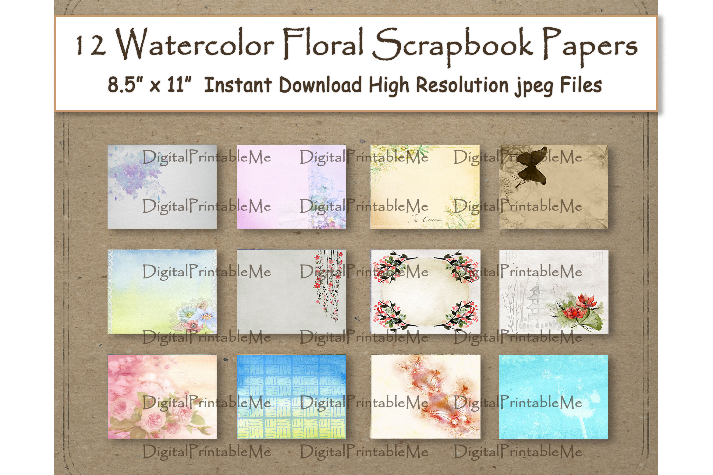 Watercolor Flower Scrapbook Paper 11 x 8.5 water color Flowers Weddi By  DigitalPrintableMe