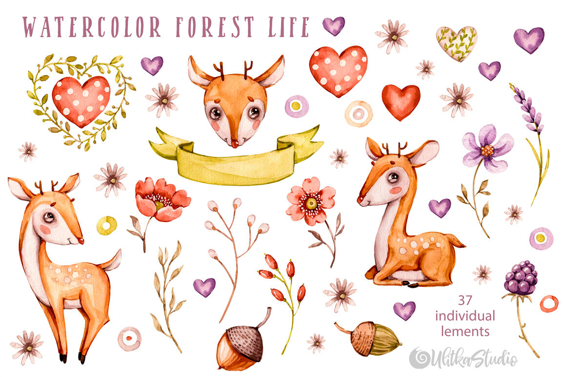 Download Cute Baby Wild Deers Nursery Watercolor Clipart Kids Forest Animals By Ulitkastudio Thehungryjpeg Com