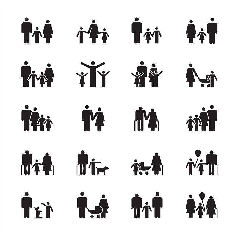 Family pictograms. Grandparents, father, mother, son and daughter figu ...