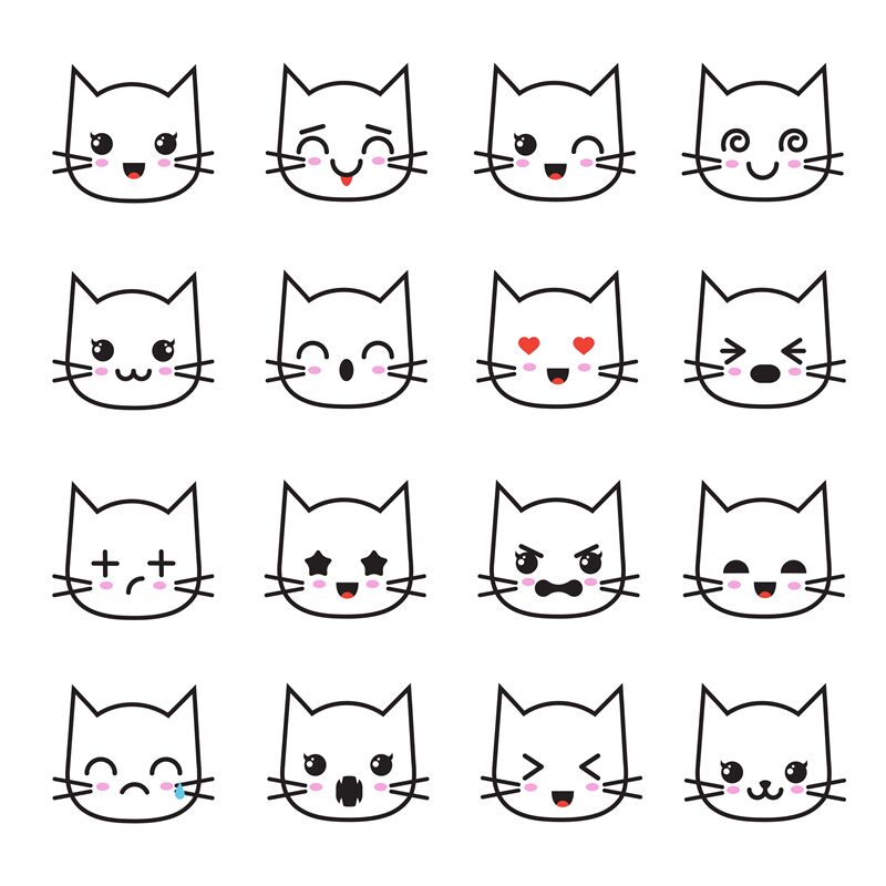 Cute kitten kawaii emoticon collection. Funny white cat emoji vector a