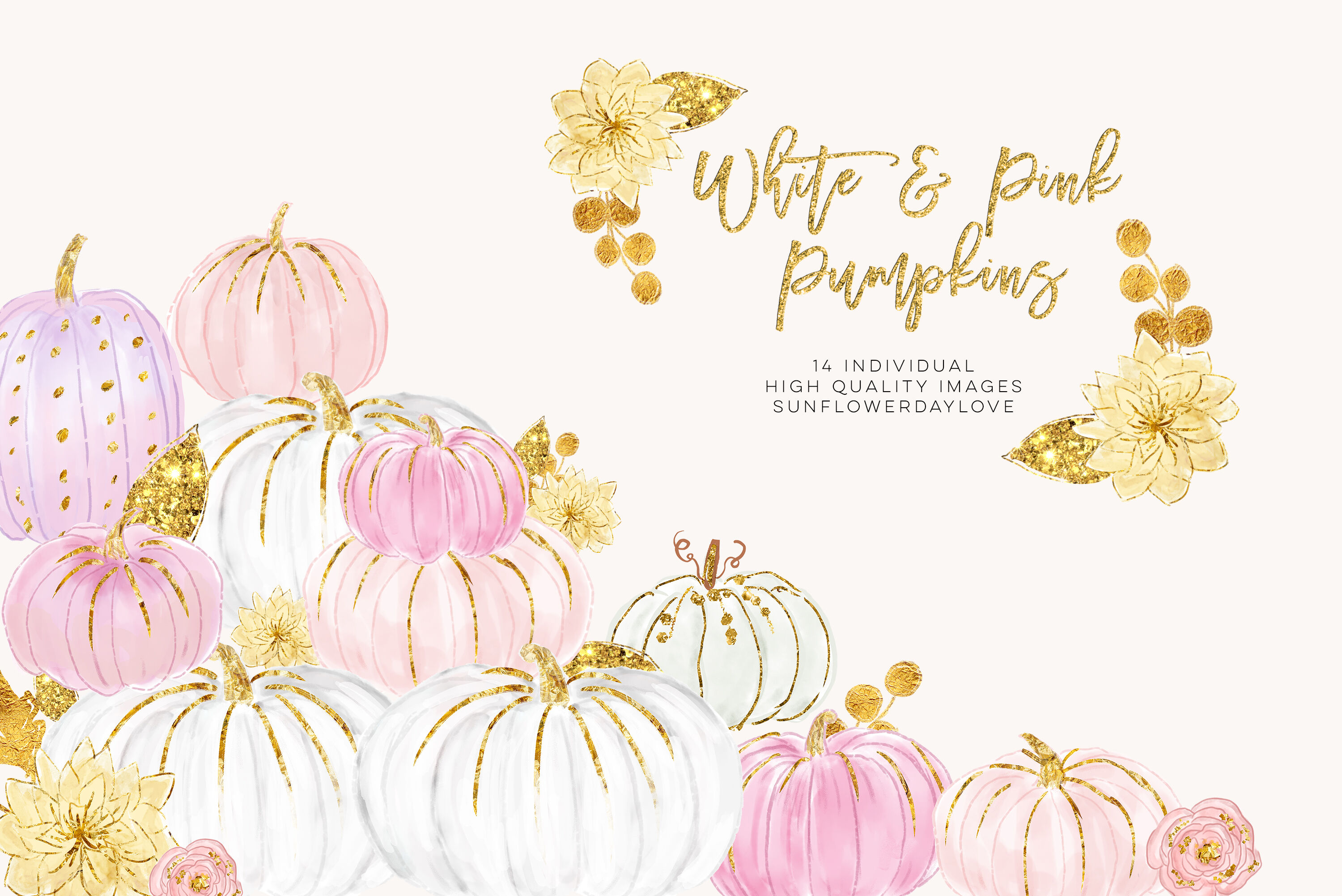 White and Pink Pumpkins, Watercolor Pastel Pumpkins, Pastel Pumpkins By