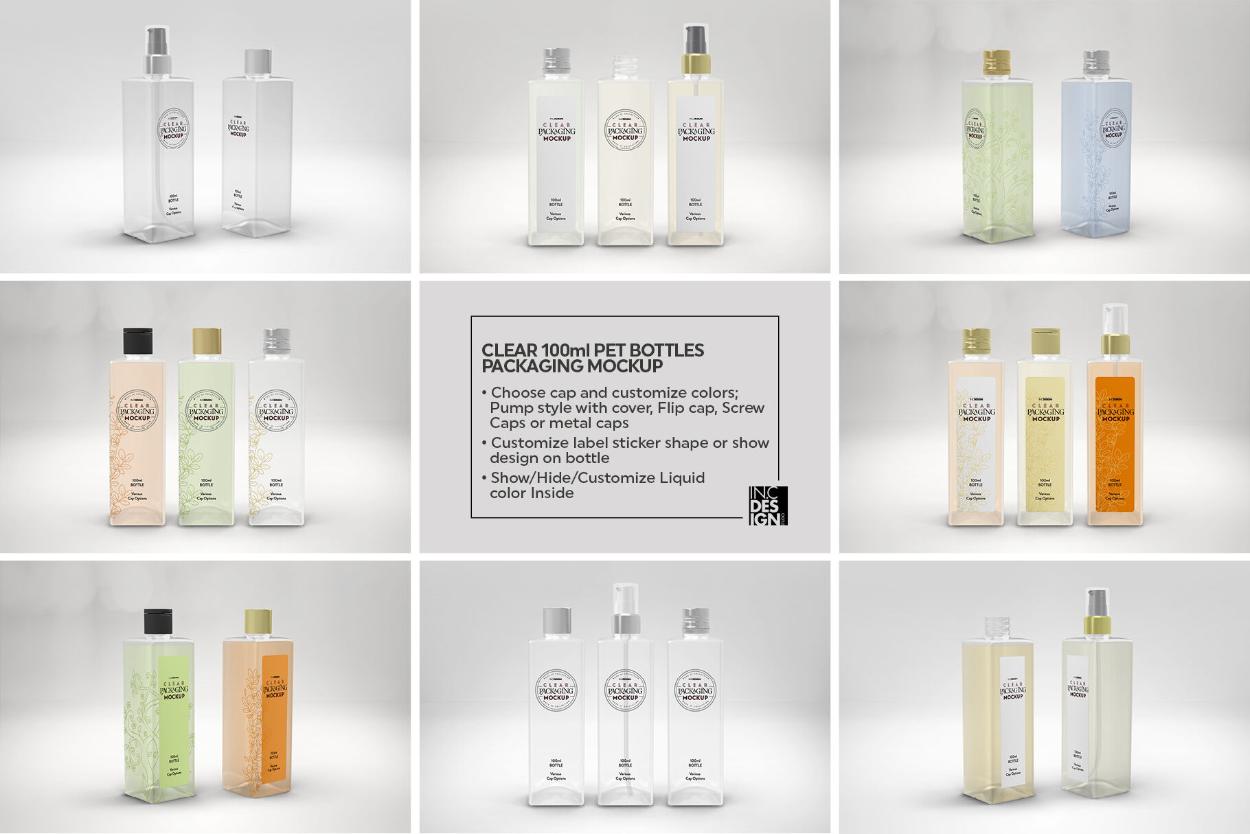 Download Clear 100ml PET Bottles Packaging Mockup By INC Design ...