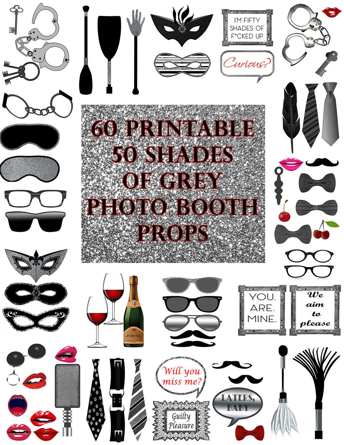 50 Shades of Grey Photo Booth Props Set Glitter Printable Instant Down By DigitalPrintableMe | TheHungryJPEG