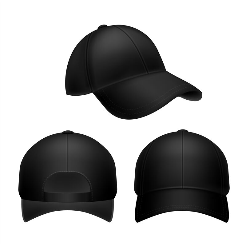 Black baseball cap. Empty hat mockup, headwear caps in back, front and ...
