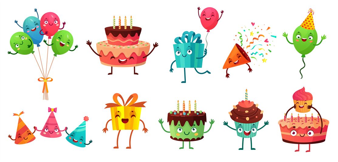 Cartoon birthday celebration set. Party balloons with funny faces, hap By  Tartila | TheHungryJPEG