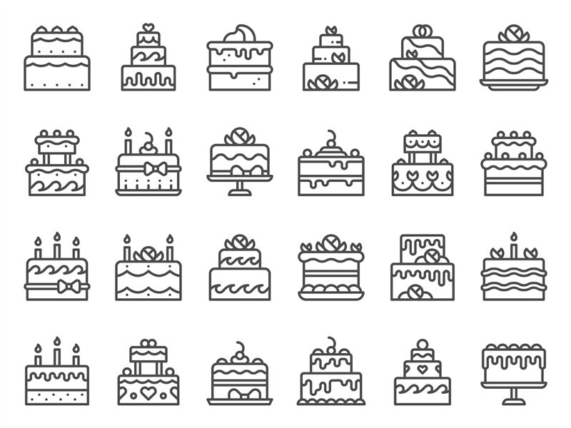 Outline Cake Icons Sweet Cupcake Homemade Dessert With Candles And B By Tartila Thehungryjpeg Com