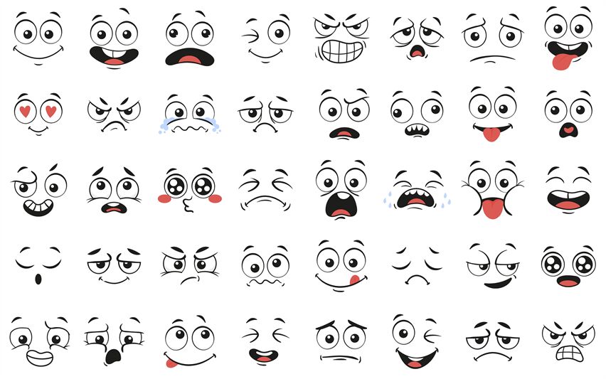Cartoon faces. Expressive eyes and mouth, smiling, crying and surprise By  Tartila | TheHungryJPEG