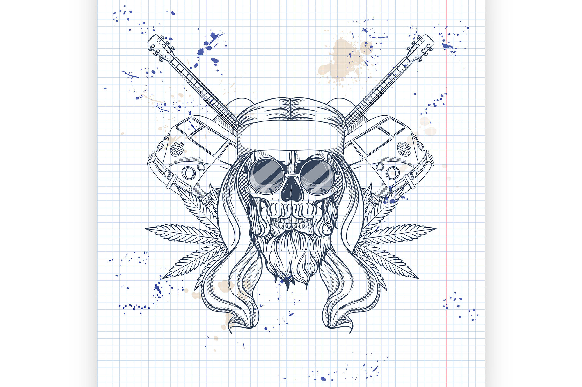 Hippie skull with hair By Netkoff | TheHungryJPEG