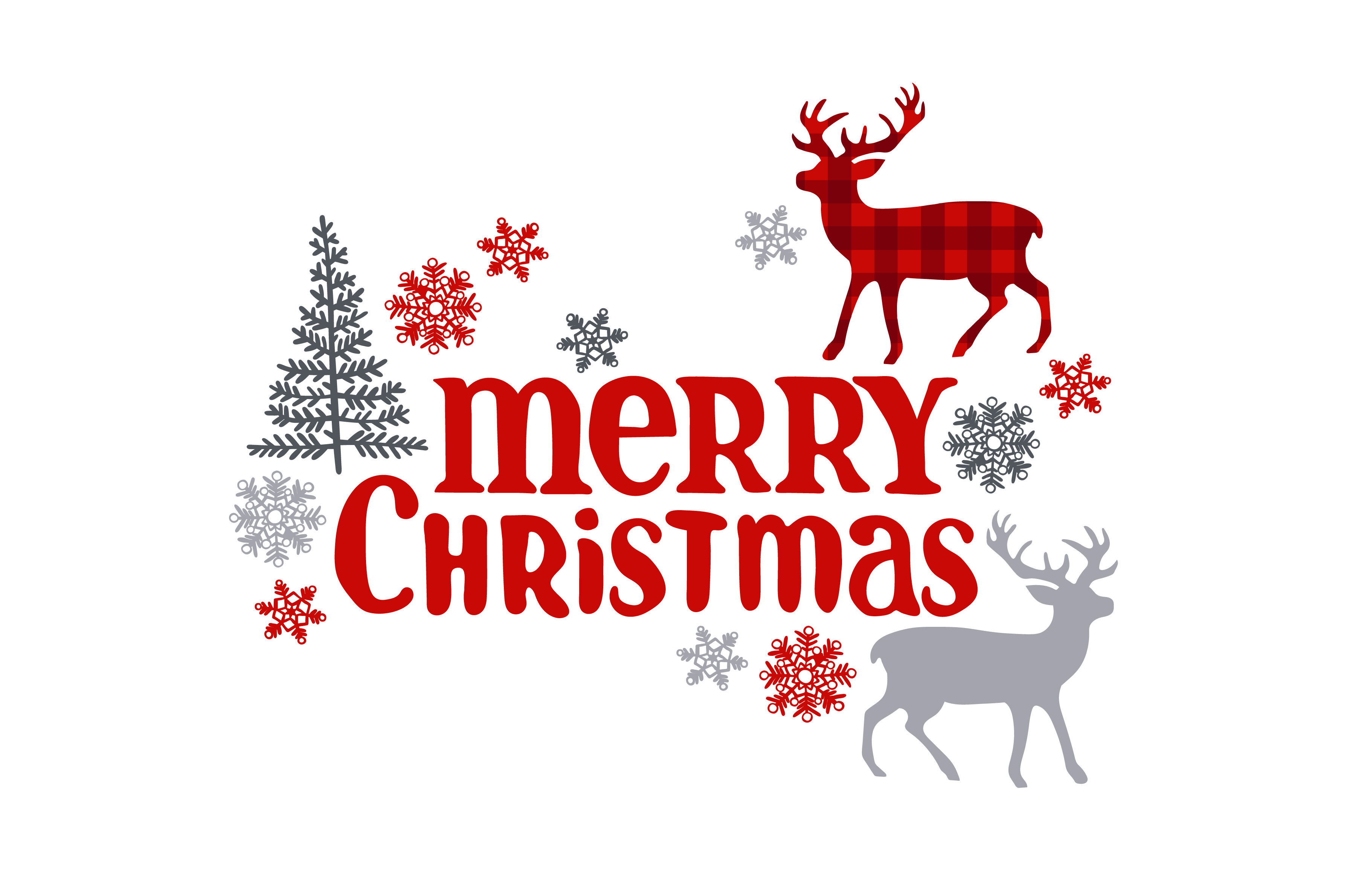 Merry Christmas. Christmas deer. Christmas tree and snowflakes. By Ewa