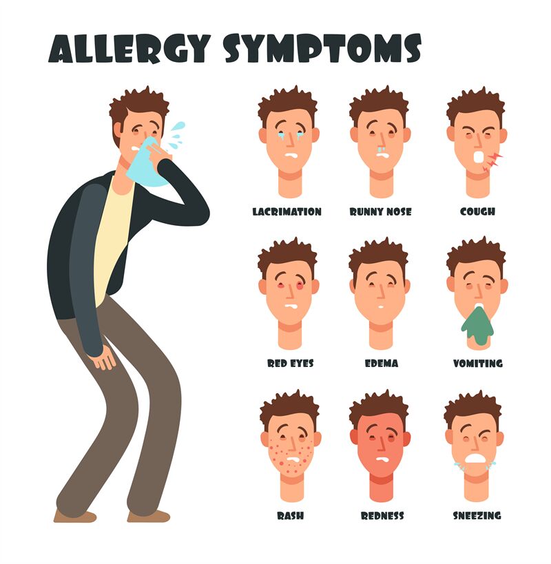 Allergy symptoms with sneezing cartoon man. Medical vector illustratio