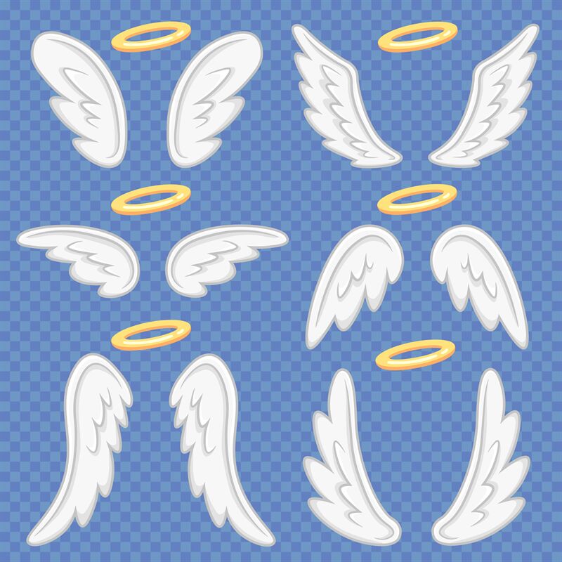 Cartoon angel wings. Holy angelic nimbus and angels wing. Flying winge