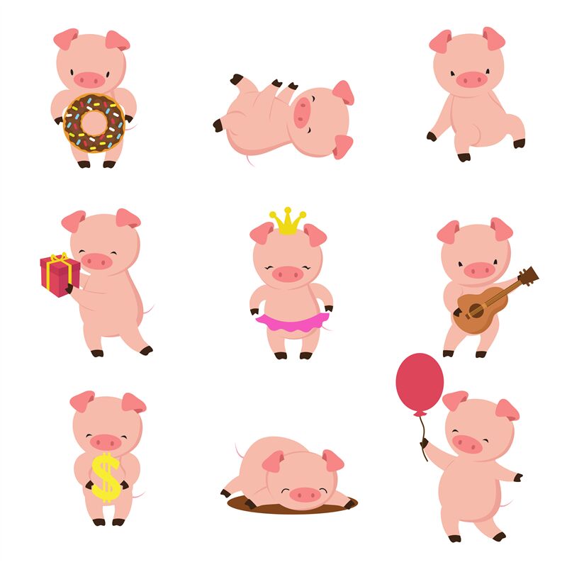 Kawaii pigs. Funny baby pig in mud, piggy eating and running. Cartoon By  Microvector | TheHungryJPEG