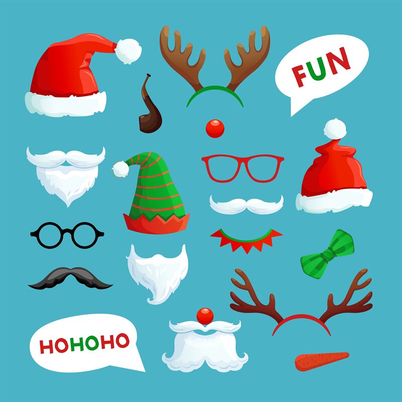 Christmas photo booth. Santa hats, mustache, beard and reindeer antler ...