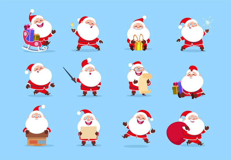 Santa character. Funny cartoon cute santa claus characters with differ ...