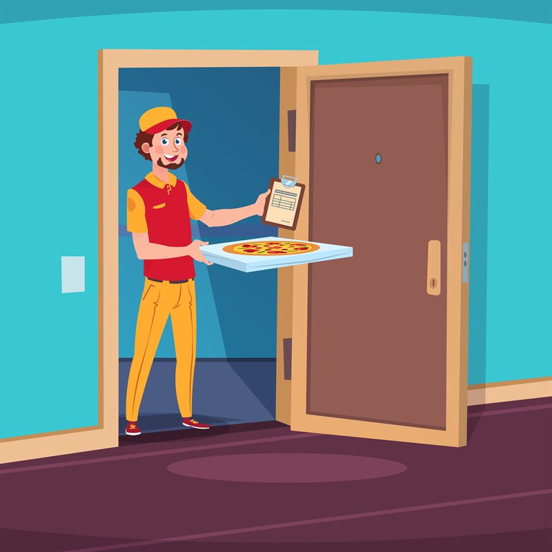 Food delivery concept. Cartoon guy deliver with pizza in home doorway. By  Microvector | TheHungryJPEG