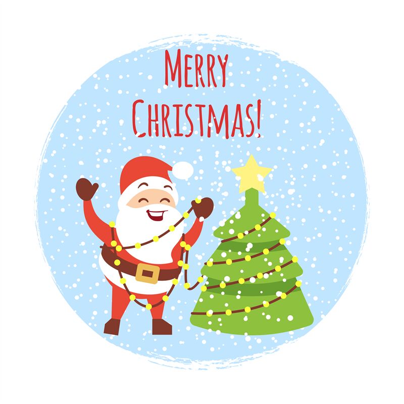 Cute cartoon Santa with Christmas tree and snowfall. Cartoon Christmas By  Microvector | TheHungryJPEG