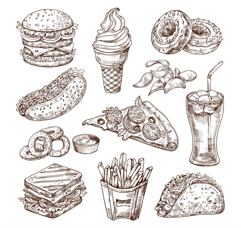 Fast Food Black And White Illustration Stock Illustration - Download Image  Now - Food, Doodle, Drawing - Art Product - iStock