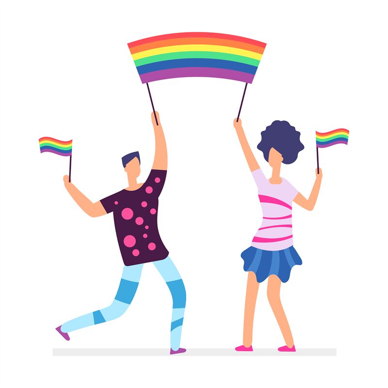 Lgbt Parade. People Holding Rainbow Flags. Man And Woman Vector Charac 