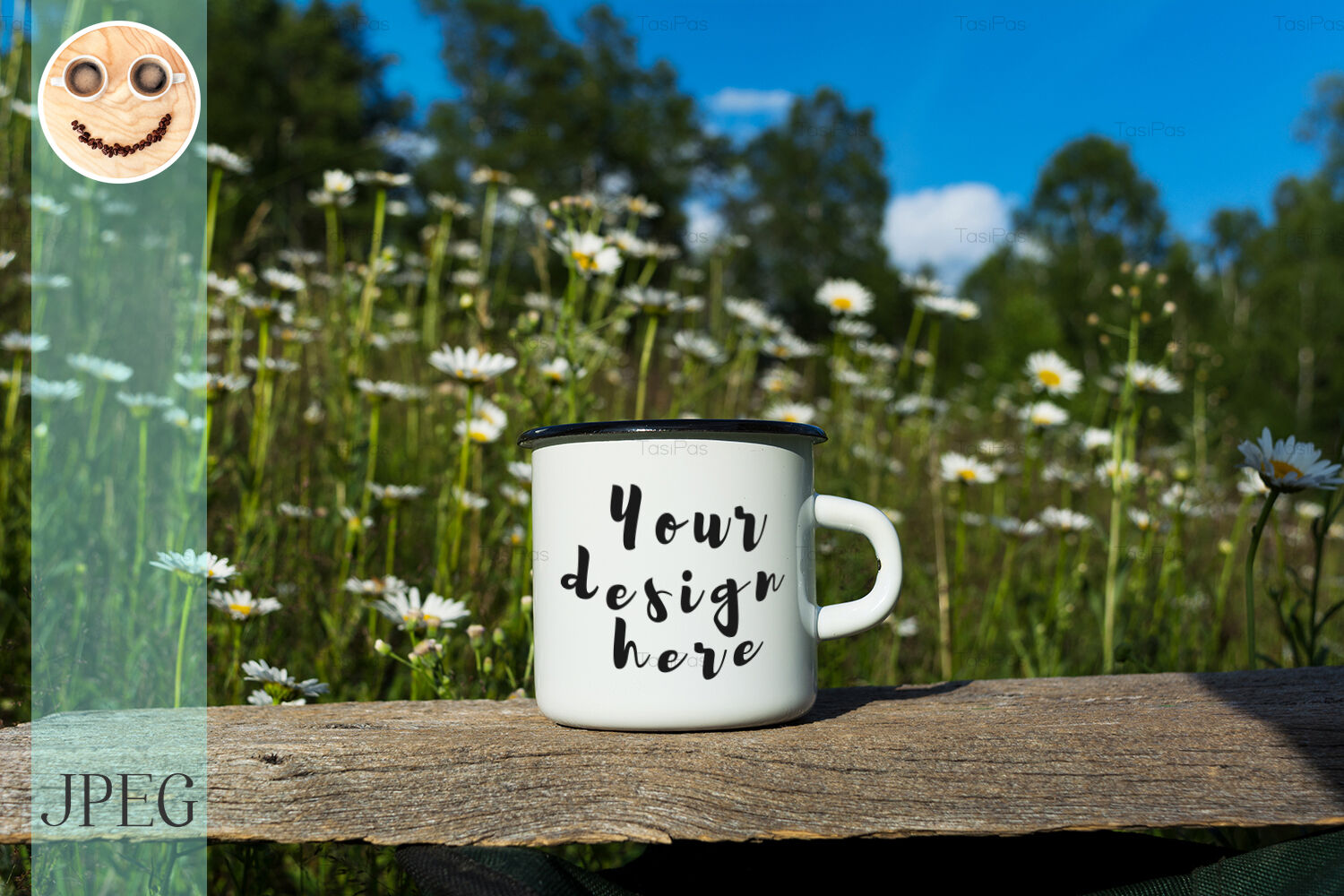 Download White campfire enamel mug mockup with daisy field By ...