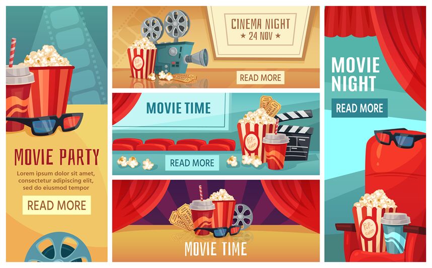 Cartoon Cinema Banner Movie Night Tickets Cinemas Popcorn And 3d Fil By Tartila Thehungryjpeg Com