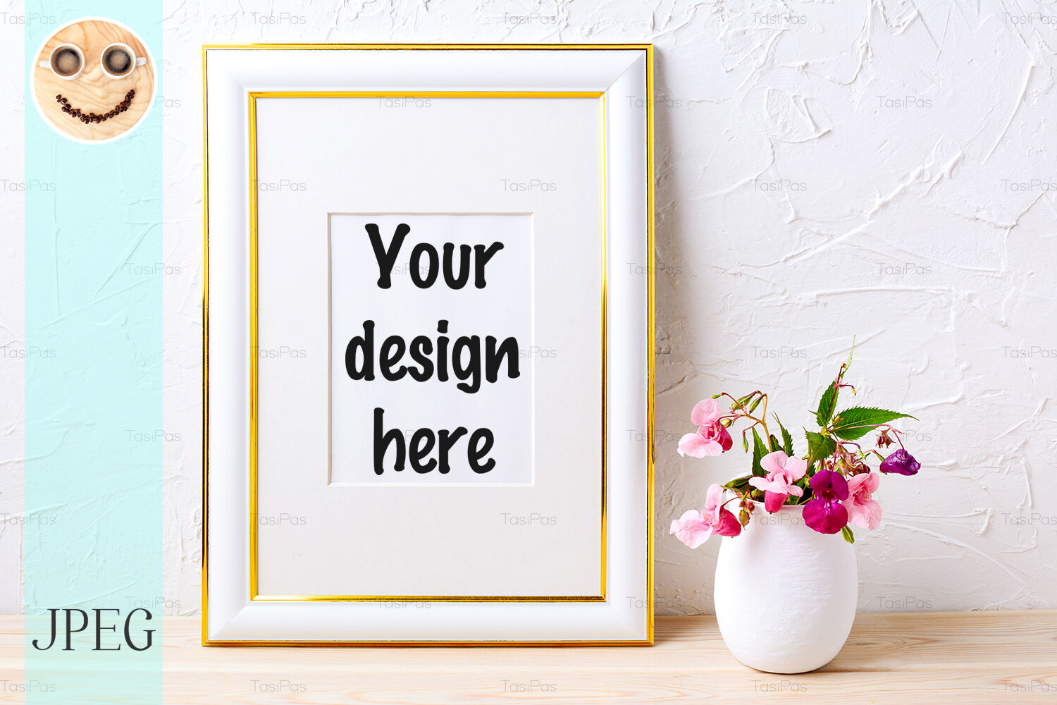 Download Gold decorated frame mockup with flower bouquet in ...