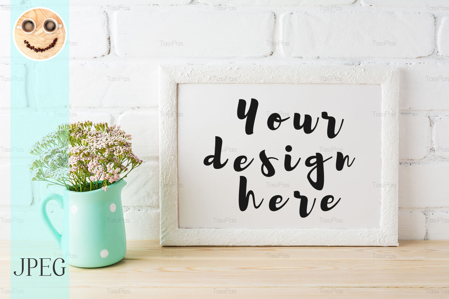 Download White landscape frame mockup with soft pink flowers in pitcher By TasiPas | TheHungryJPEG.com