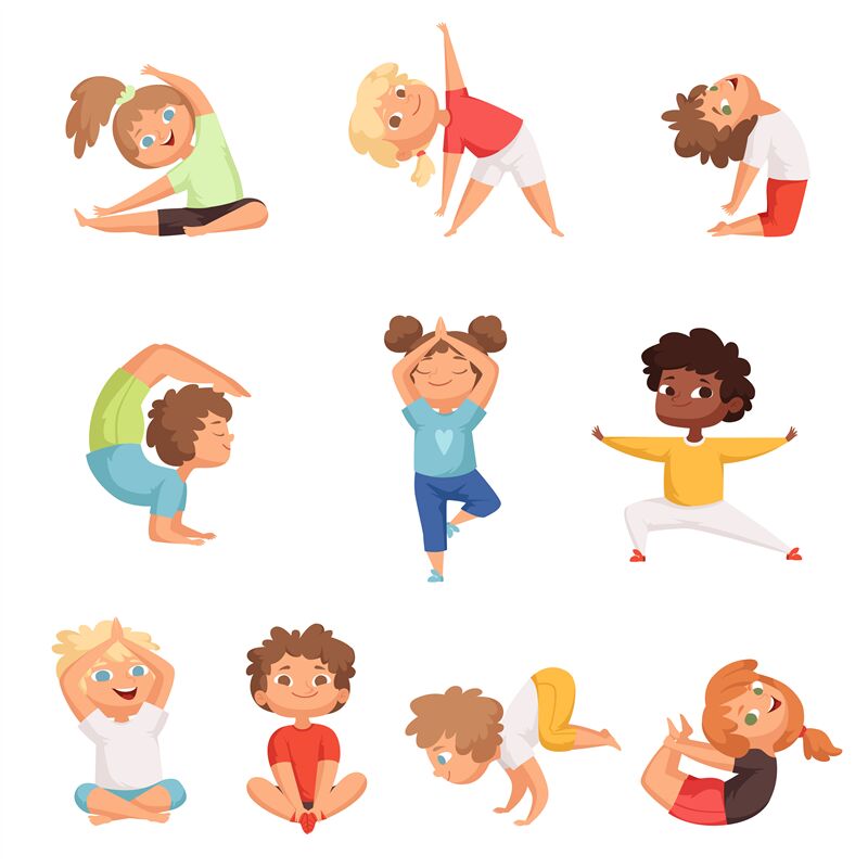 Yoga kids characters. Fitness sport childrens posing and making gymnas ...