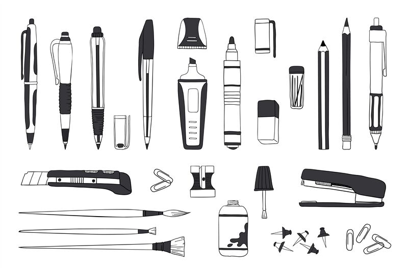 Hand Drawn Stationery Doodle Pen Pencil And Paintbrush Tools School By Spicytruffel Thehungryjpeg Com