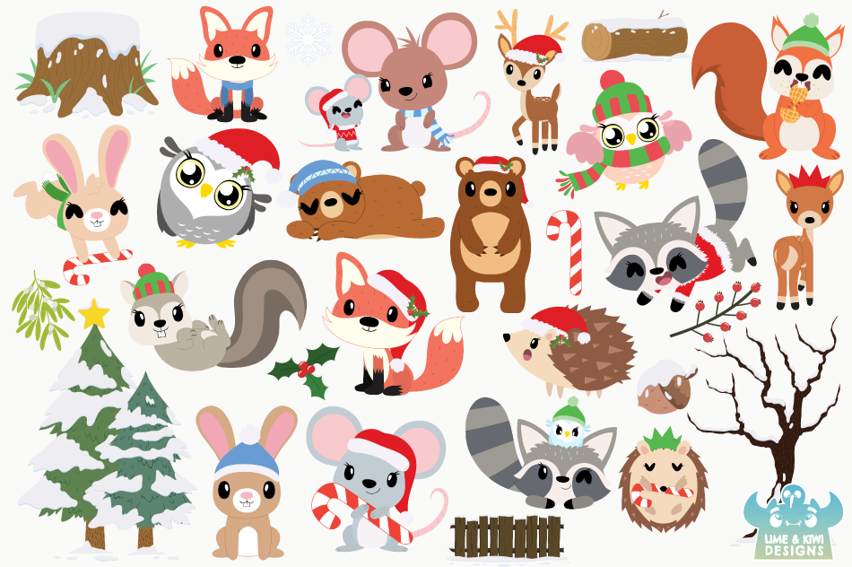 Christmas Woodland Animals Clipart, Instant Download By