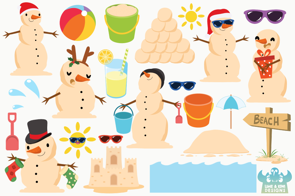 Download Beach Christmas Snowmen Clipart, Instant Download Vector ...