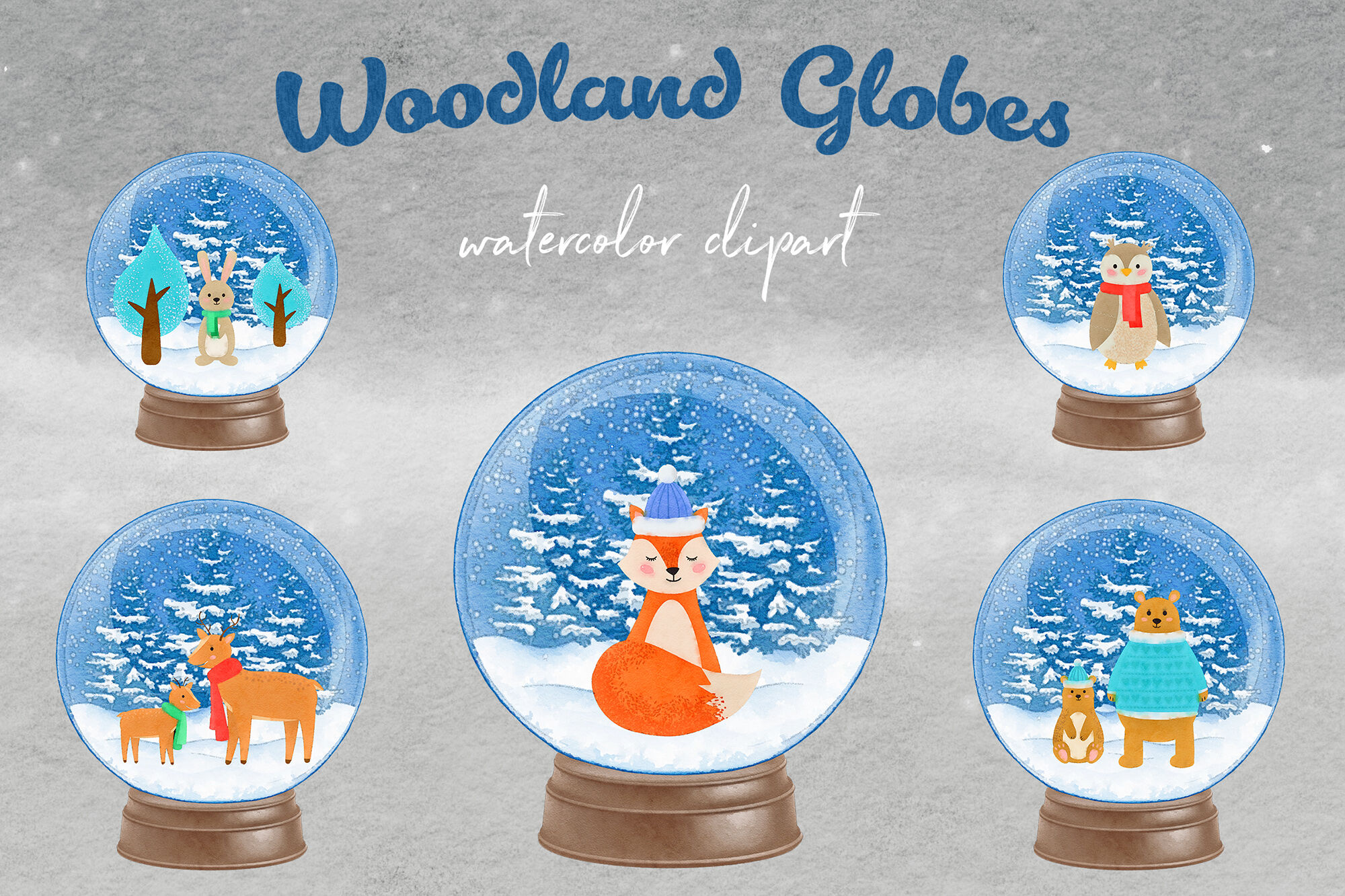 Watercolor Woodland Snow Globes By North Sea Studio Thehungryjpeg Com