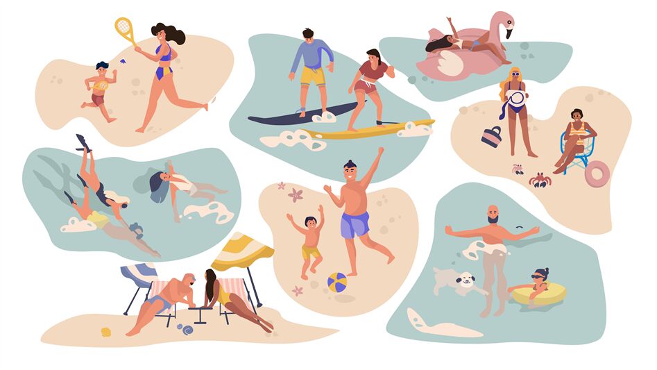 People beach activities. Cartoon characters on summer vacation, surfin By  SpicyTruffel | TheHungryJPEG