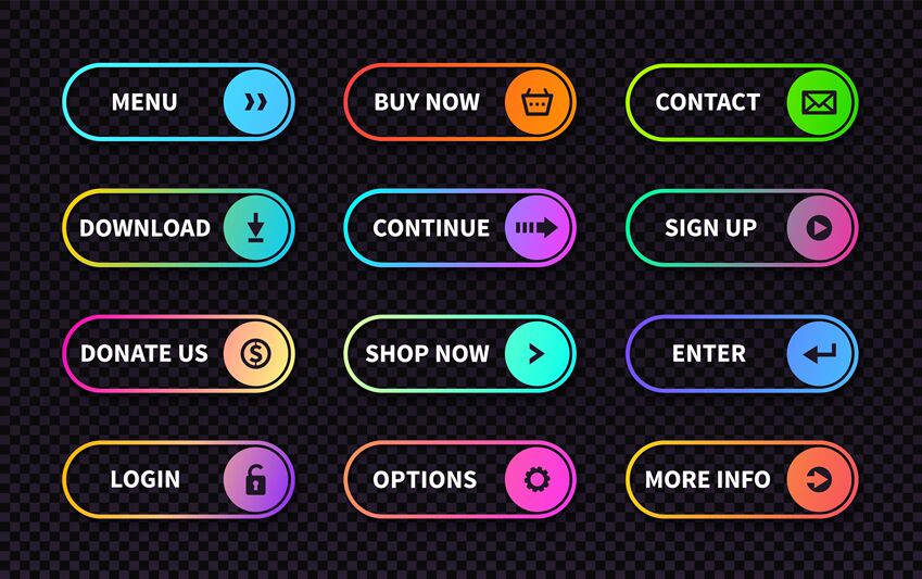 Set of gradient action buttons. Flat web submit form, modern transitio ...