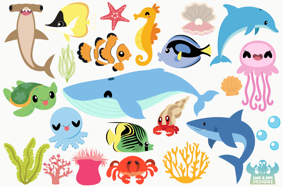 Sea Life Clipart, Instant Download Vector Art By Lime and Kiwi Designs