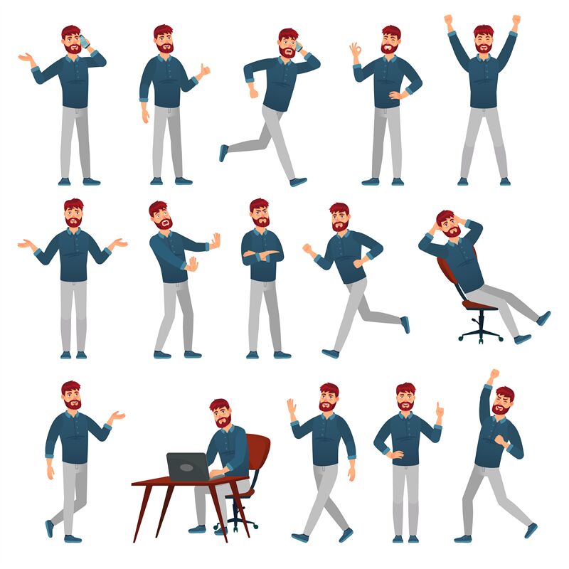 Business Man Character Vector. Hipster Working Man. Environment Process  Creative Studio. Male Worker. Full Length. Designer, Manager. Poses, Face  Emotions, Gestures. Cartoon Business Illustration Stock Vector by  ©pikepicture 192034660