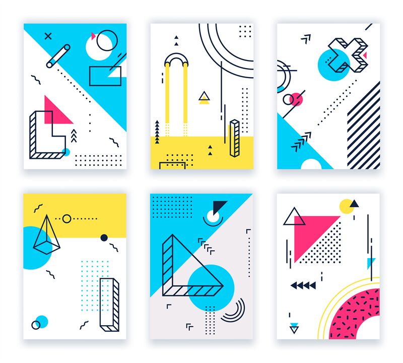 Geometric shapes posters. Abstract geometrical shapes cards, funky 80s ...