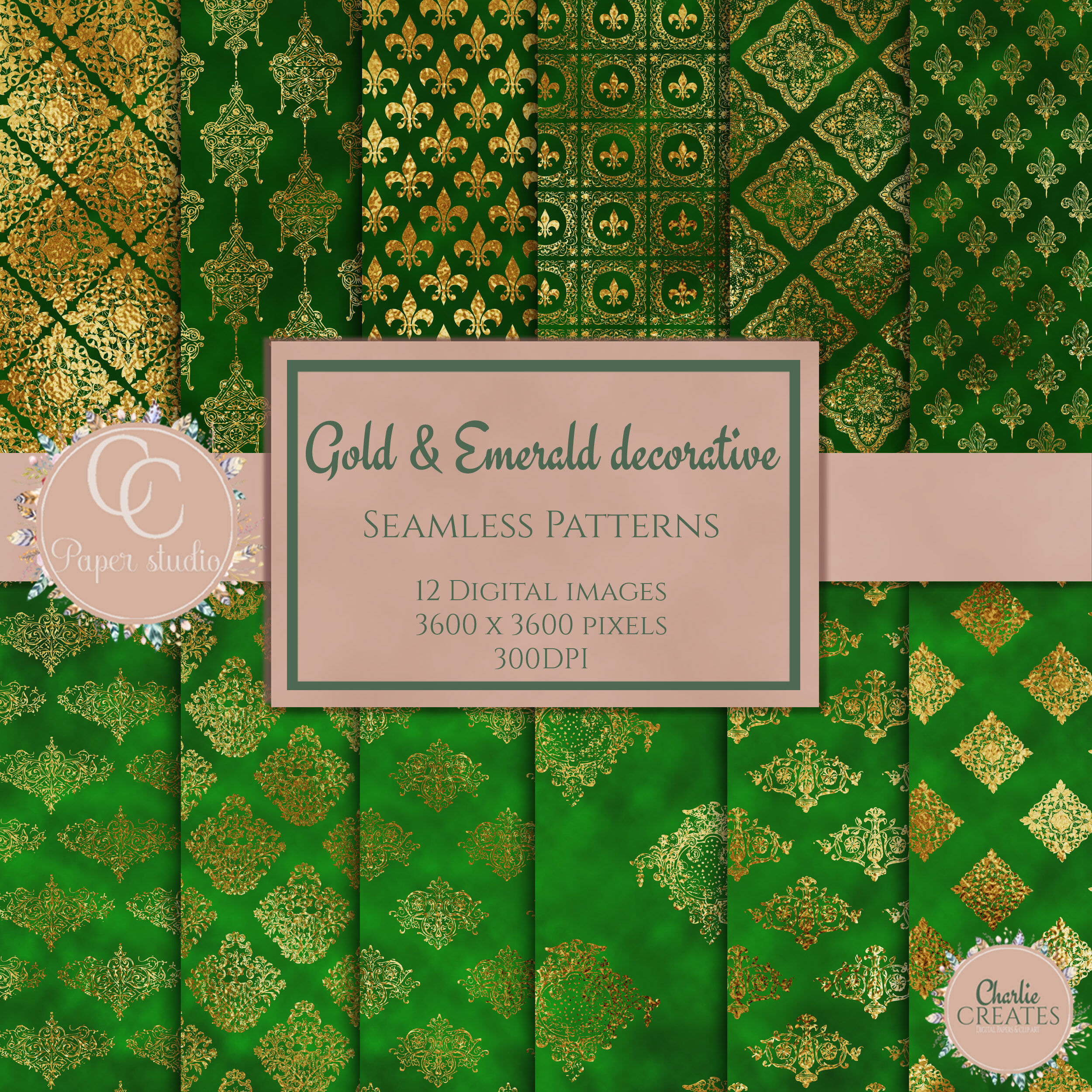 Green & gold damask decorative papers By CC Paper Studio | TheHungryJPEG