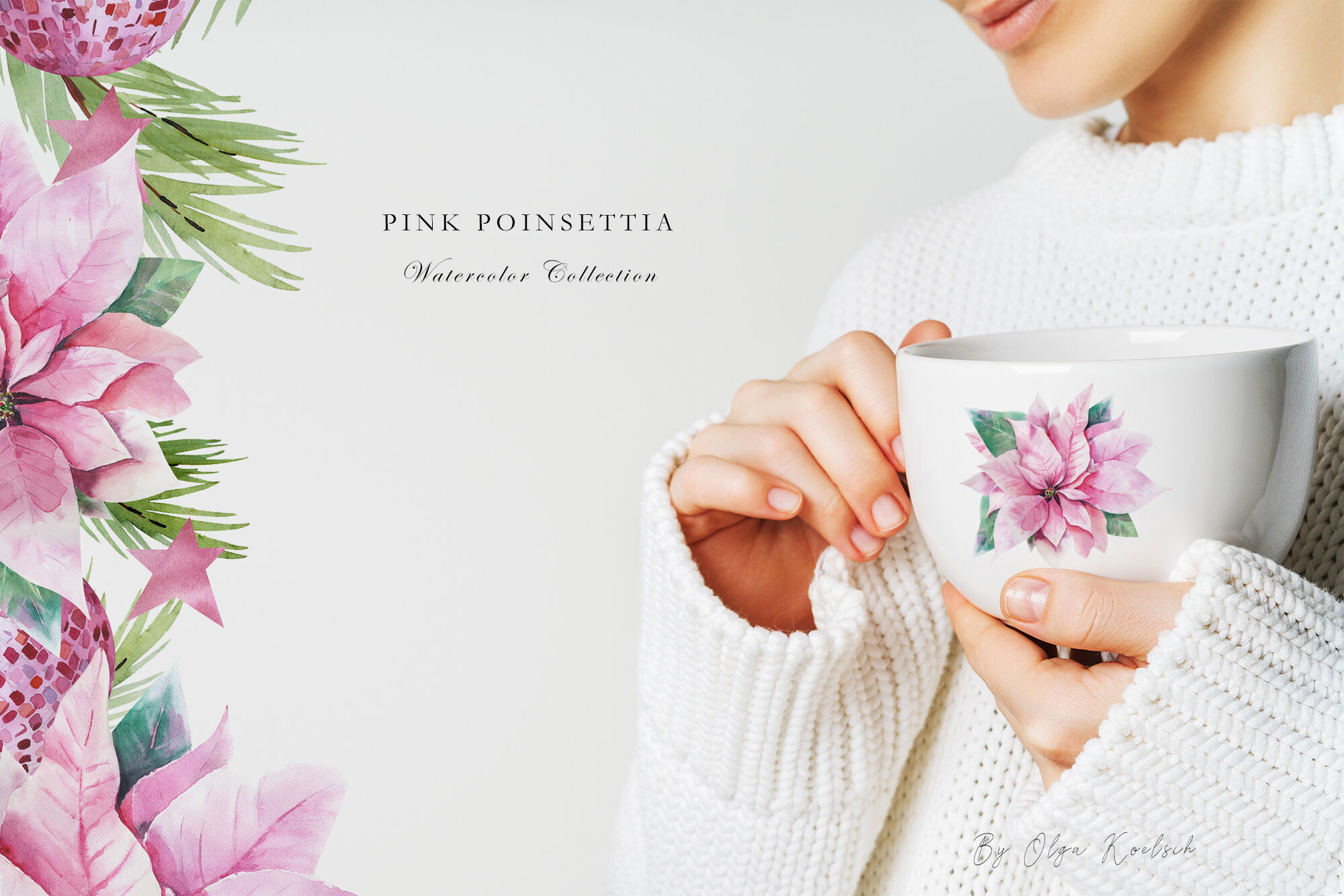 Pink Poinsettia Watercolor Bundle By Olga Koelsch | TheHungryJPEG