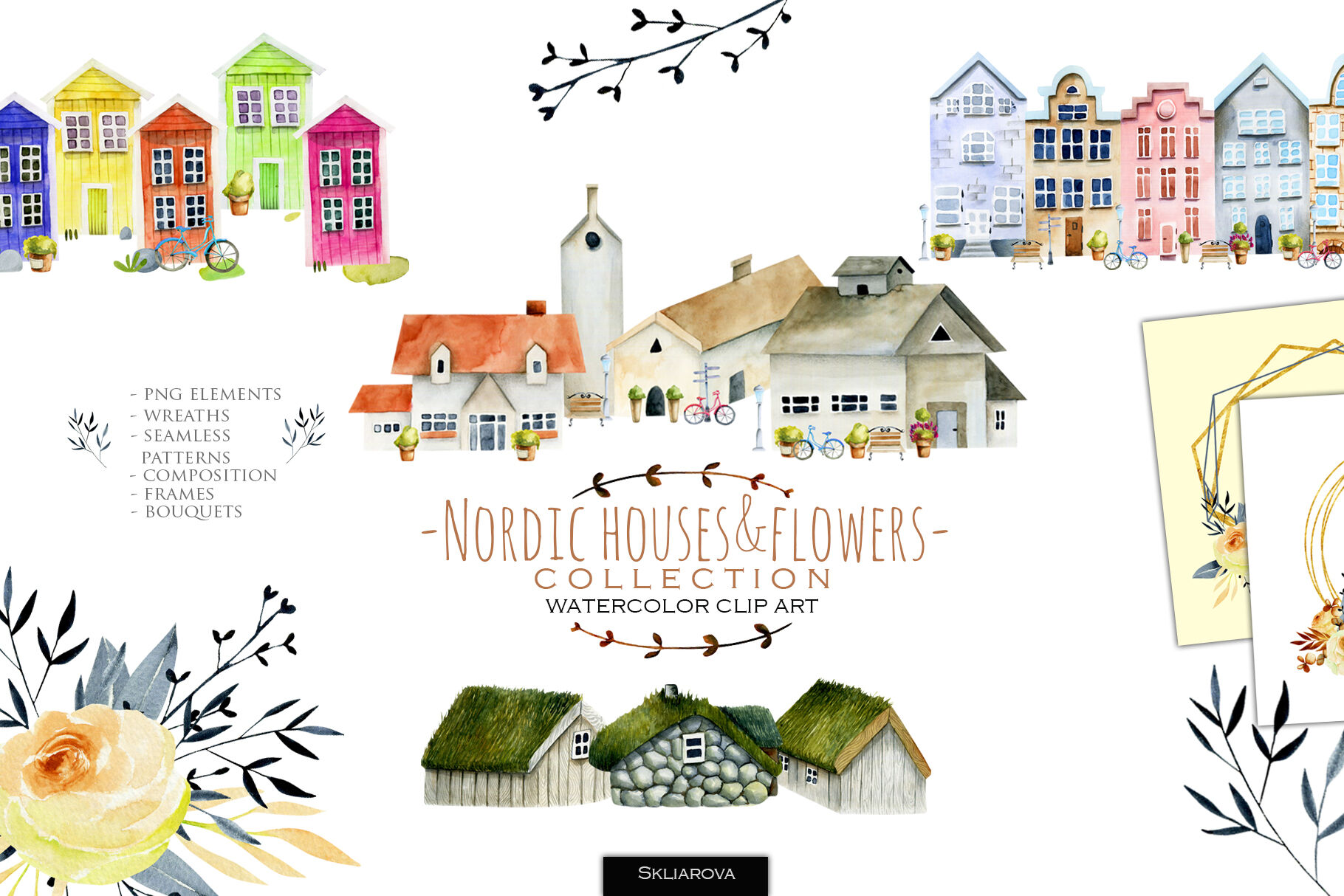 Nordic houses & flowers By HappyWatercolorShop